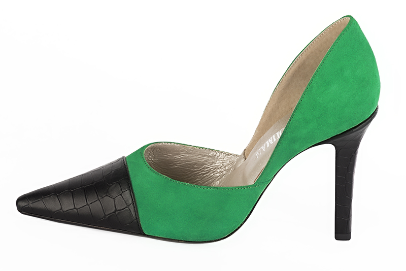Satin black and emerald green women's open arch dress pumps. Pointed toe. Very high slim heel. Profile view - Florence KOOIJMAN